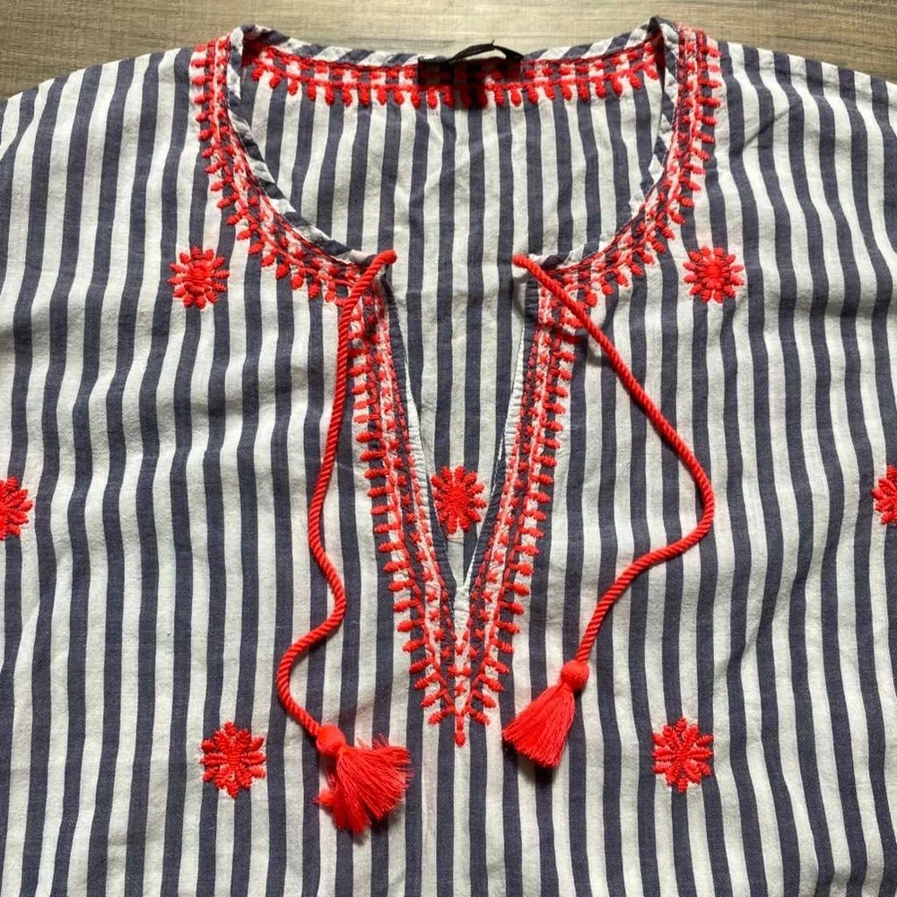 J. Crew Womens Striped Embroidered‎ Beach Tunic Size Small White Blue Coral